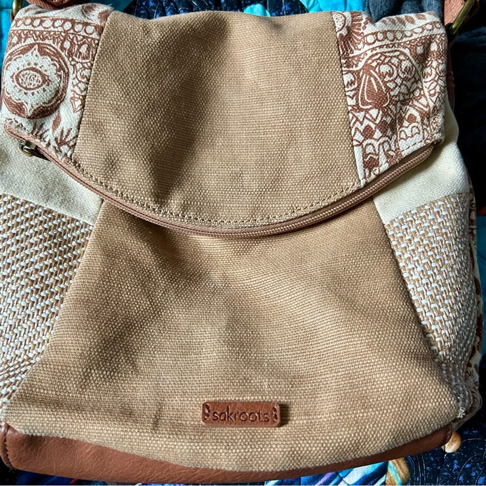 Sakroots Beige Tan Canvas Shoulder Bag with Patterned Accents
